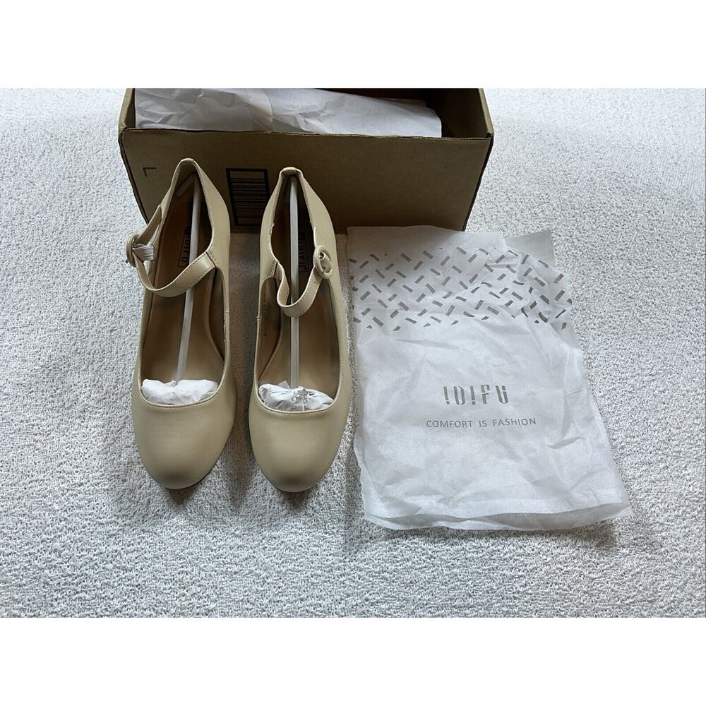 IDIFU Women's Beige High Heels Closed Toe Pumps Strappy Cross Ankle Strap